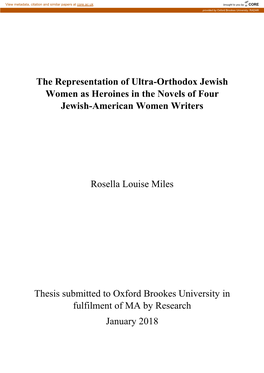 The Representation of Ultra-Orthodox Jewish Women As Heroines in the Novels of Four Jewish-American Women Writers