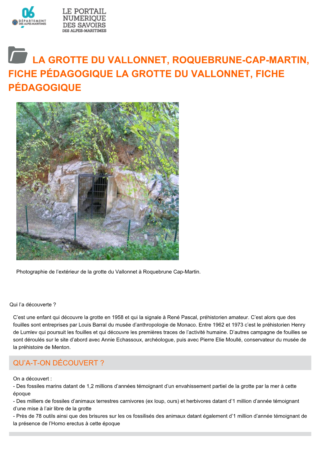 La Grotte Du Vallonnet, Roquebrune-Cap-Martin, Fiche Pédagogique La Grotte Du Vallonnet, Fiche Pédagogique
