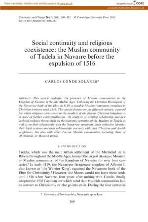 Social Continuity and Religious Coexistence: the Muslim Community of Tudela in Navarre Before the Expulsion of 1516