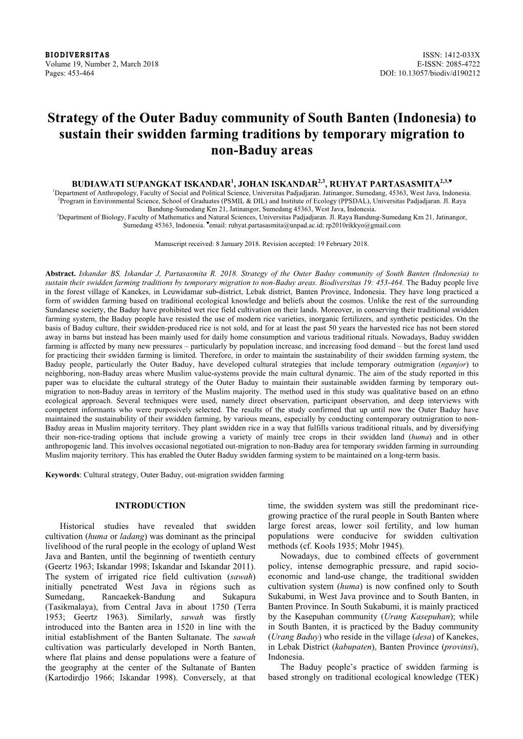 Strategy of the Outer Baduy Community of South Banten (Indonesia) to Sustain Their Swidden Farming Traditions by Temporary Migration to Non-Baduy Areas