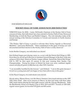 Hockey Hall of Fame Announces 2020 Inductees