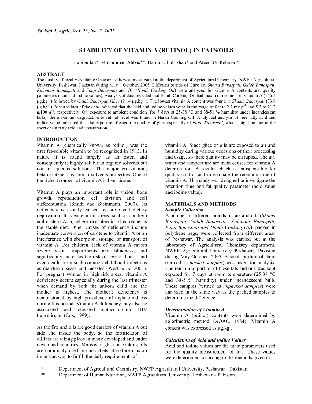 Stability of Vitamin a (Retinol) in Fats/Oils