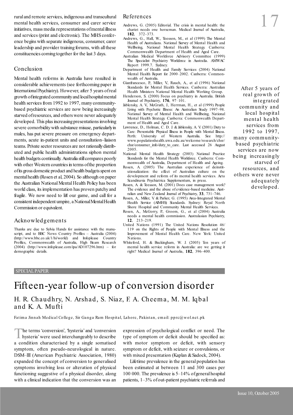 Fifteen-Year Follow-Up of Conversion Disorder H