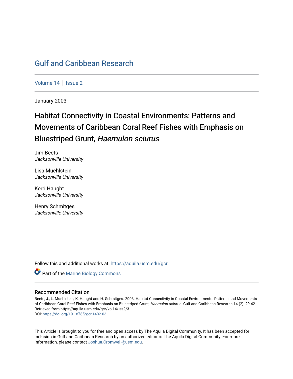 Patterns and Movements of Caribbean Coral Reef Fishes with Emphasis on Bluestriped Grunt, Haemulon Sciurus