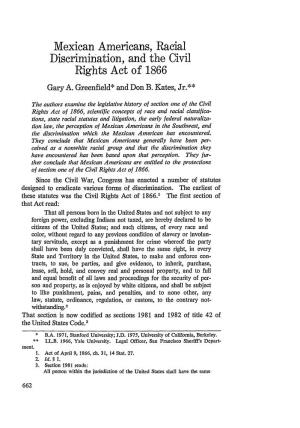 Mexican Americans, Racial Discrimination, and the Civil Rights Act of 1866 Gary A
