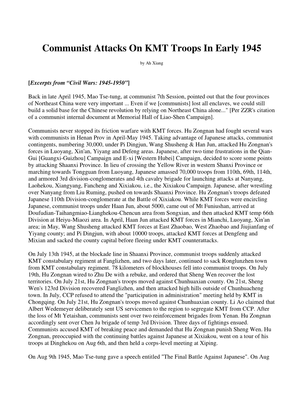 Communist Attacks on KMT Troops in Early 1945