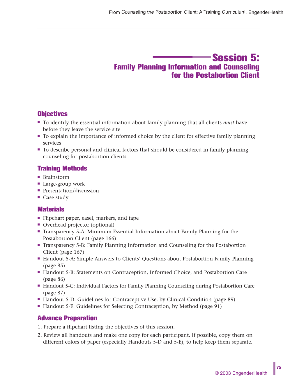 Session 5: Family Planning Information and Counseling for the Postabortion Client