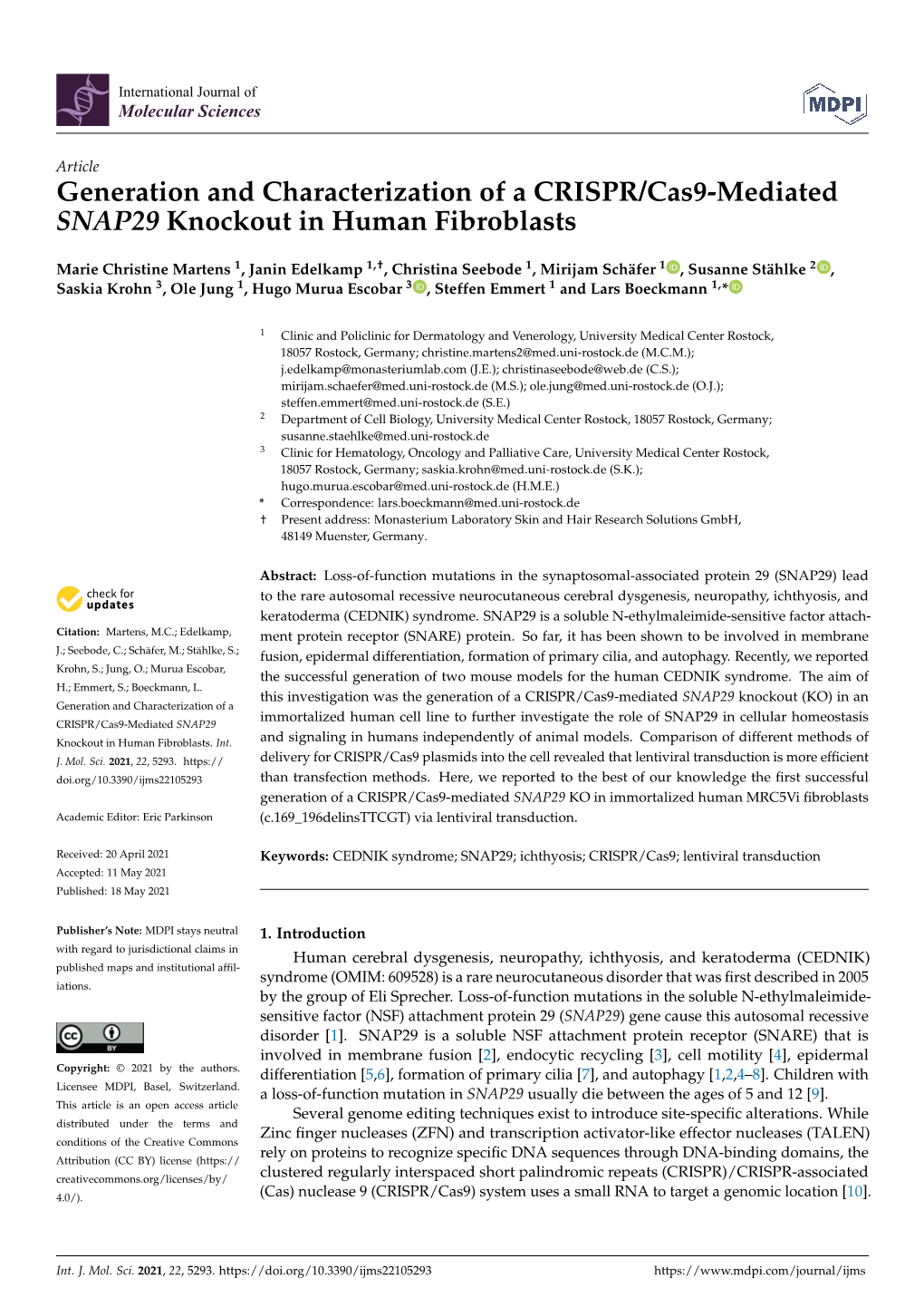 Generation and Characterization of a CRISPR/Cas9-Mediated SNAP29 Knockout in Human Fibroblasts