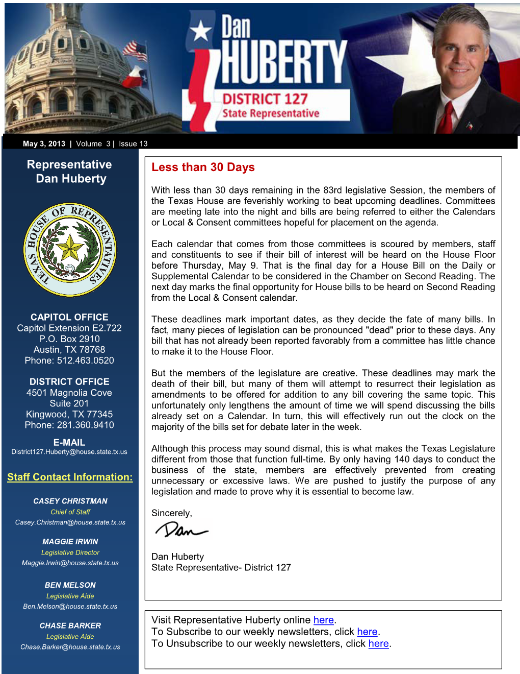 Representative Dan Huberty Less Than 30 Days