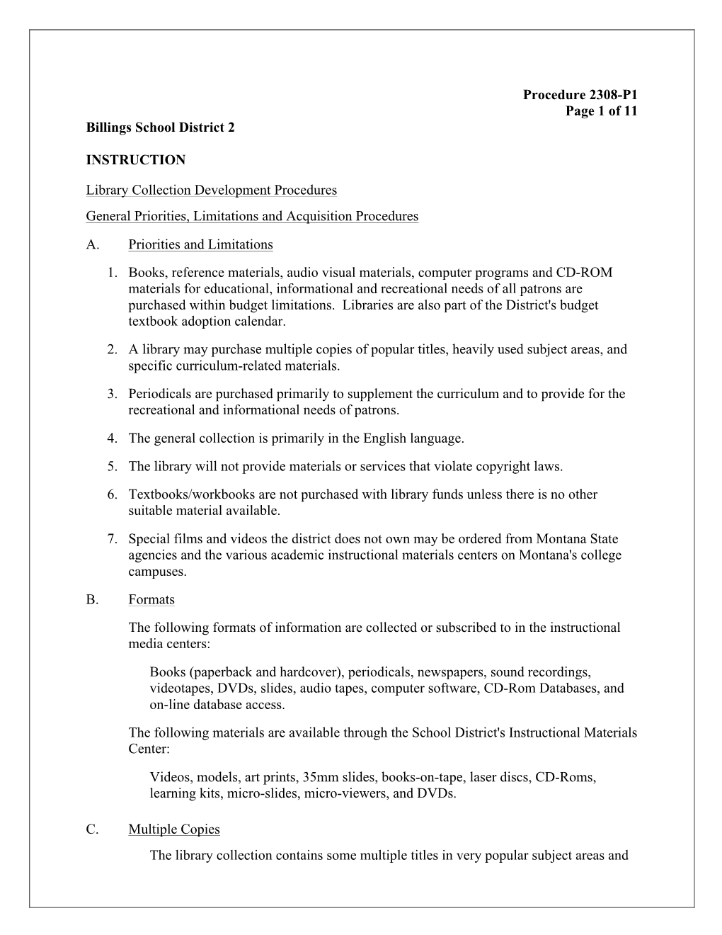 Procedure 2308-P1 Page 1 of 11 Billings School District 2