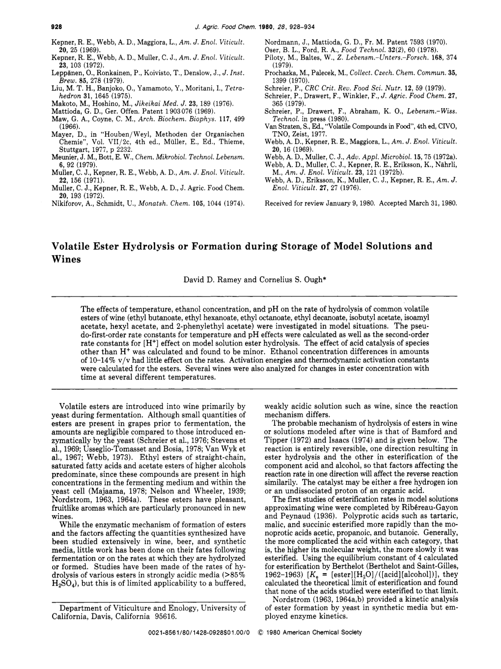 Volatile Ester Hydrolysis Or Formation During Storage of Model Solutions and Wines