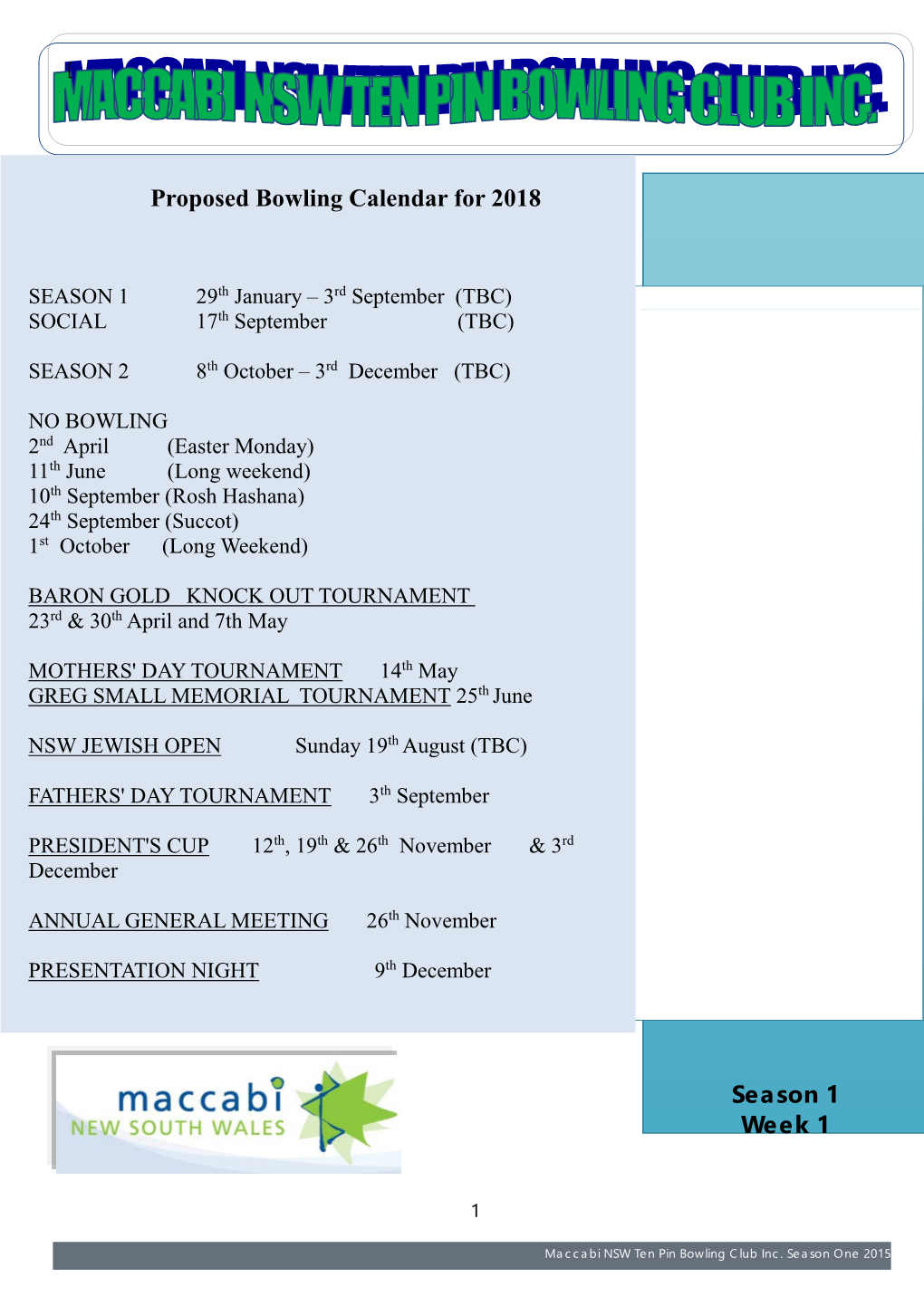 Season 1 Week 1 Proposed Bowling Calendar for 2018