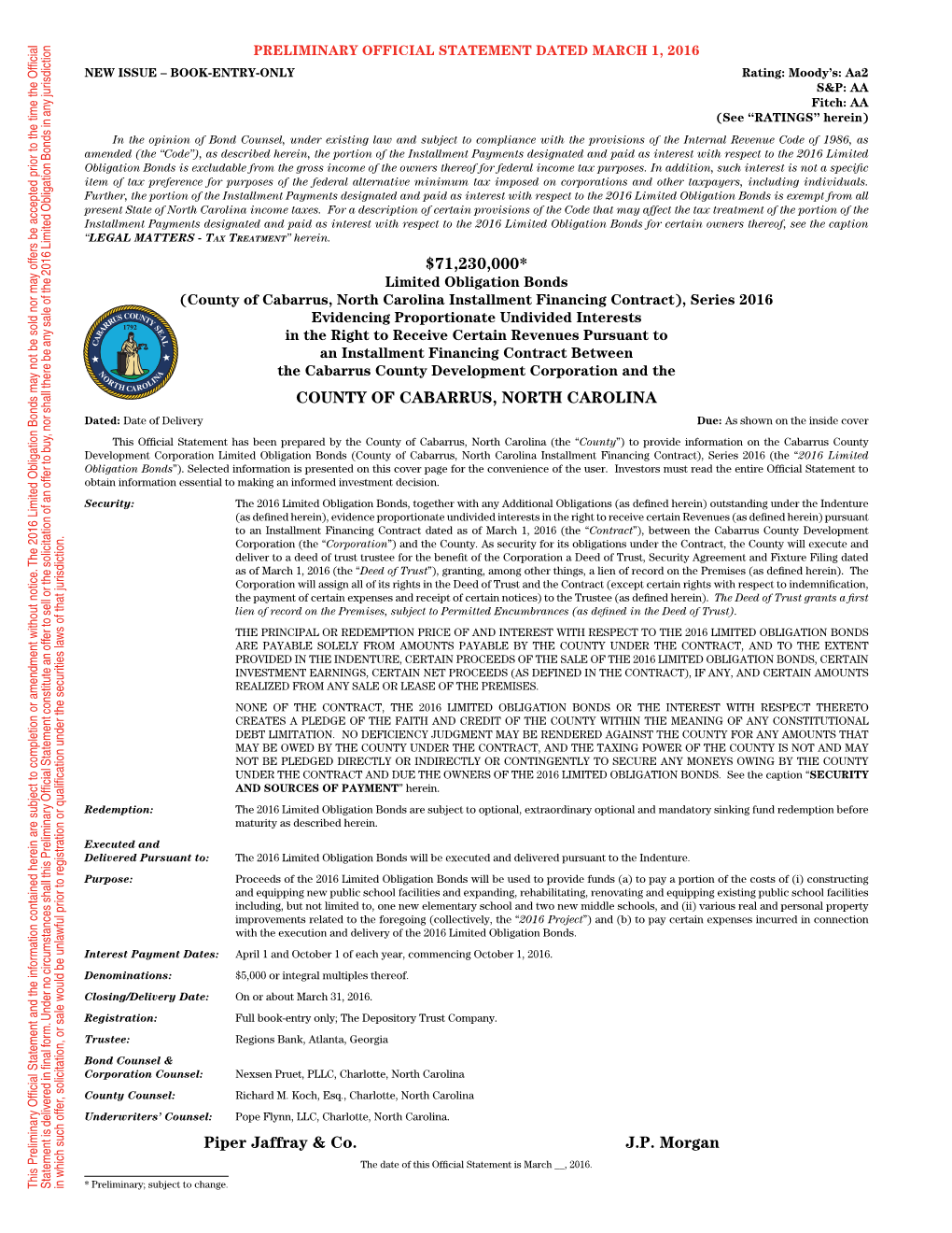 County of Cabarrus, North Carolina Installment Financing Contract), Series 2016