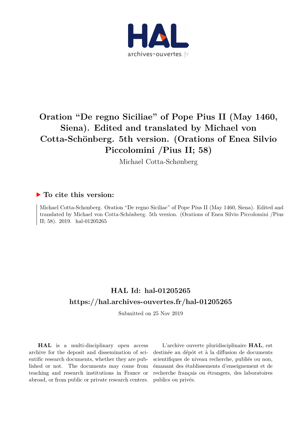 De Regno Siciliae” of Pope Pius II (May 1460, Siena)