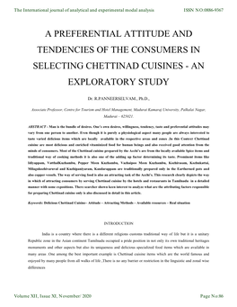 A Preferential Attitude and Tendencies of the Consumers in Selecting Chettinad Cuisines - an Exploratory Study