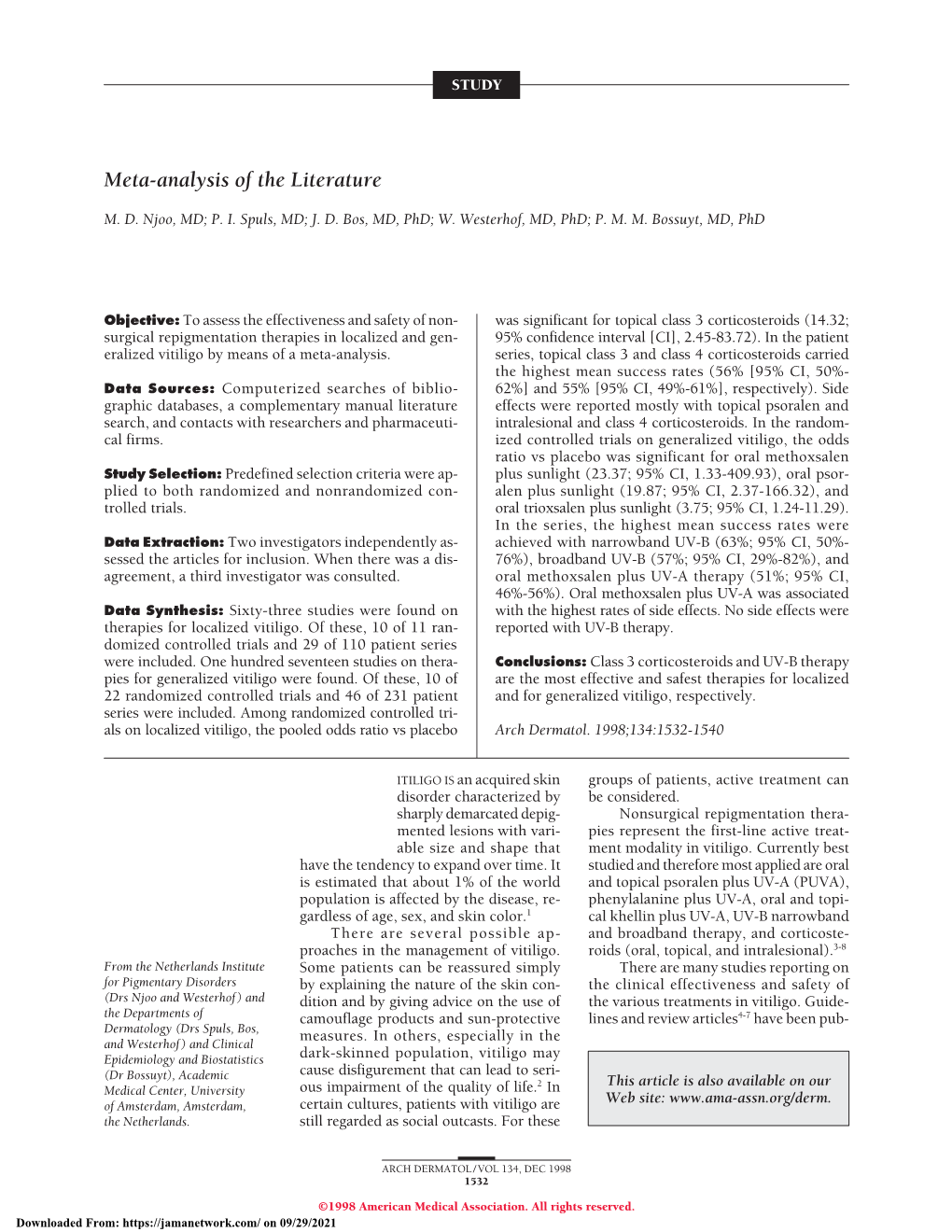 Nonsurgical Repigmentation Therapies in Vitiligo Meta-Analysis of the Literature