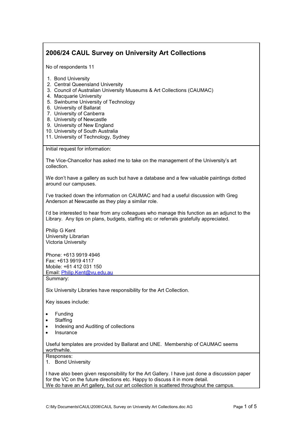 2006/24 CAUL Survey on University Art Collections