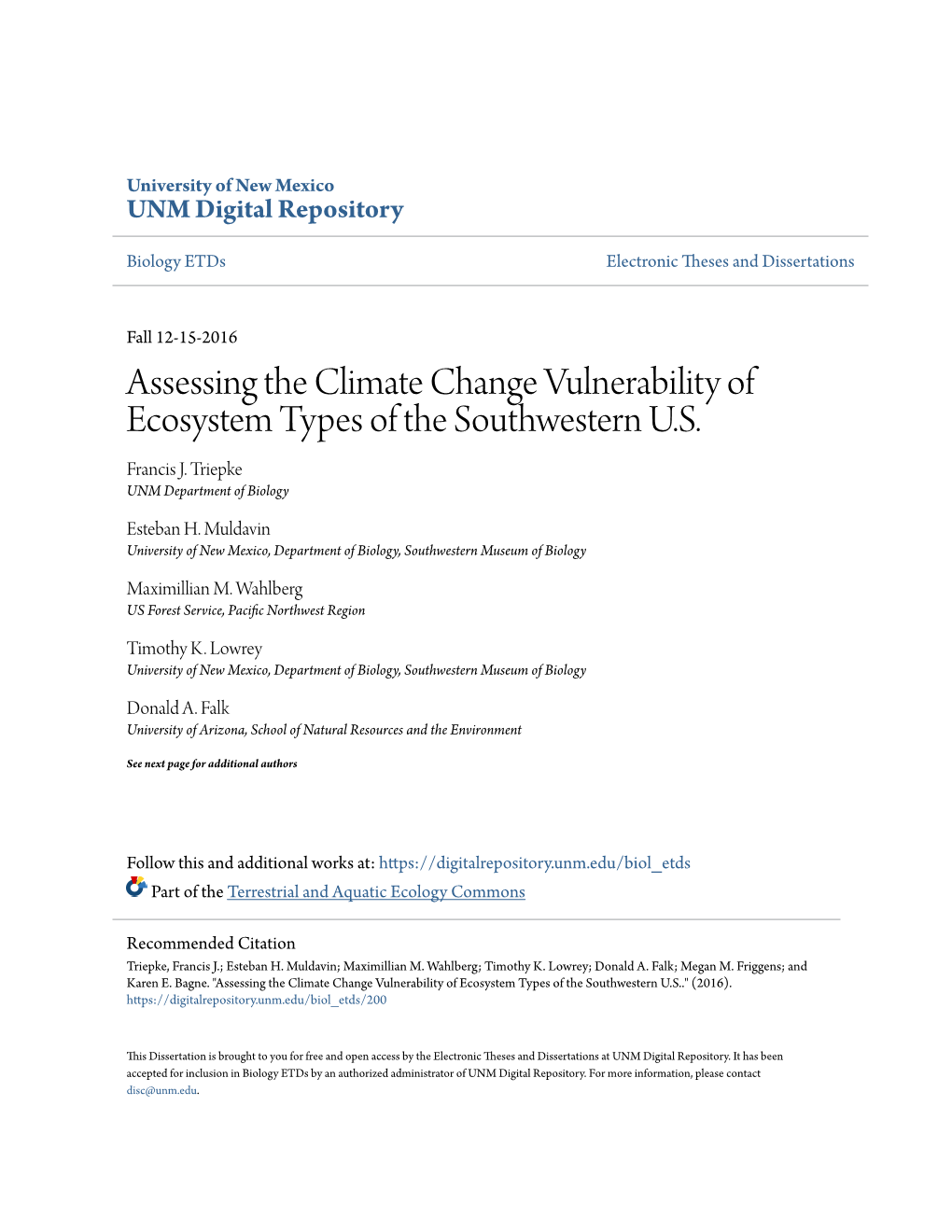 Assessing the Climate Change Vulnerability of Ecosystem Types of the Southwestern U.S