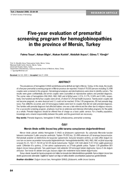 Five-Year Evaluation of Premarital Screening Program for Hemoglobinopathies in the Province of Mersin, Turkey