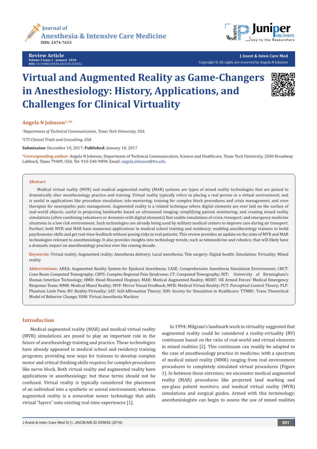 Virtual and Augmented Reality As Game-Changers in Anesthesiology: History, Applications, and Challenges for Clinical Virtuality