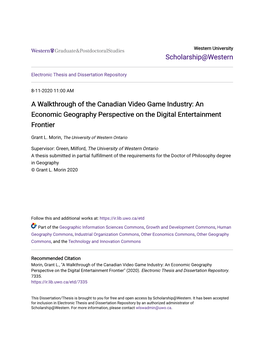 A Walkthrough of the Canadian Video Game Industry: an Economic Geography Perspective on the Digital Entertainment Frontier