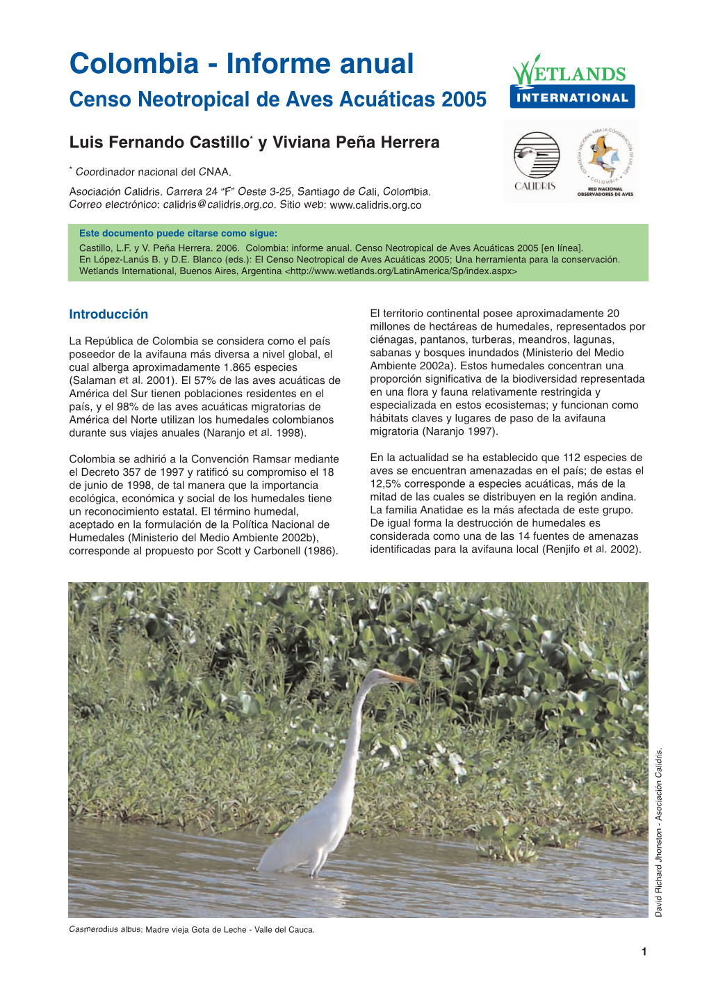 Colombia - Informe Anual Censo Neotropical De Aves Acuáticas 2005