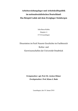 Arbeitserziehungslager Und Arbeitskräftepolitik Im Nationalsozialistischen Deutschland: Das Beispiel Lahde Mit Dem Zweiglager Steinbergen