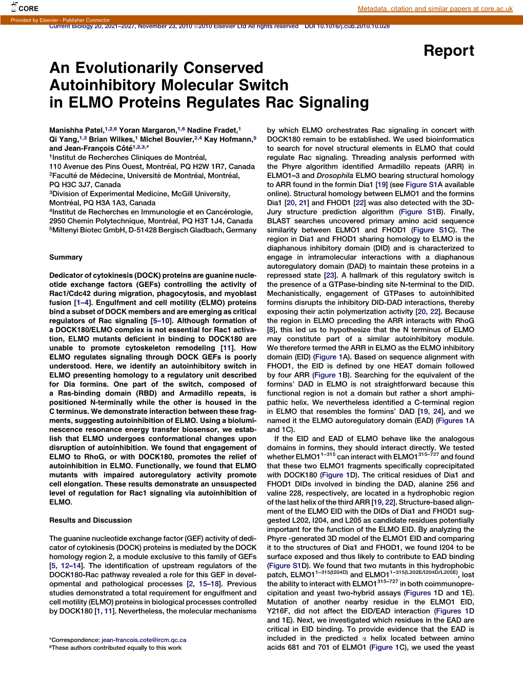 An Evolutionarily Conserved Autoinhibitory Molecular Switch in ELMO Proteins Regulates Rac Signaling