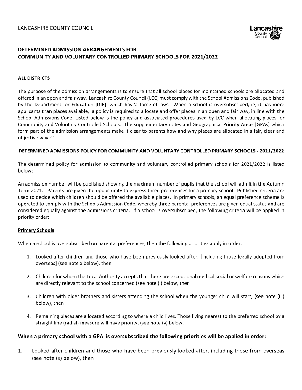 Determined Admission Arrangements for Community and Voluntary Controlled Primary Schools for 2021/2022