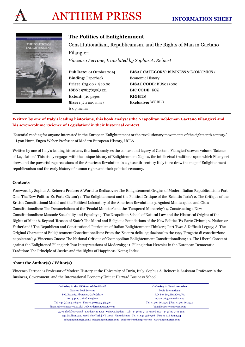 The Politics of Enlightenment Constitutionalism, Republicanism, and the Rights of Man in Gaetano Filangieri Vincenzo Ferrone, Translated by Sophus A