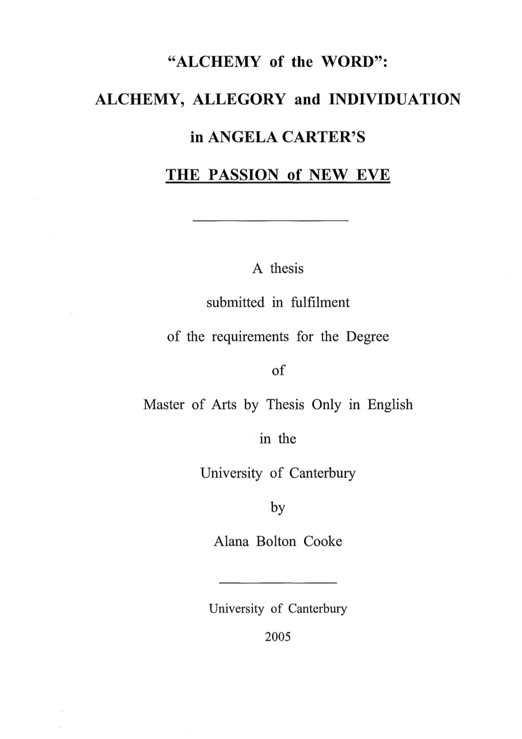 Alchemy, Allegory and Individuation in Angela Carter's the Passion of New