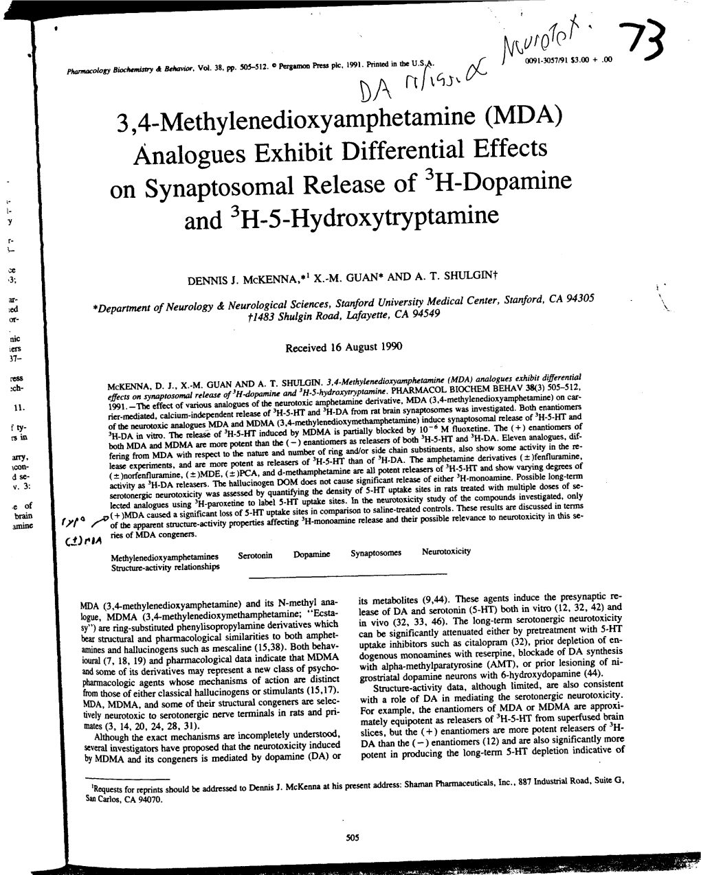 3,4-Methylenedioxyamphetamine (MDA) Analogues Exhibit Differential Effects on Synaptosomal Release of 3H-Dopamine and 3H-5-Hydroxytryptamine