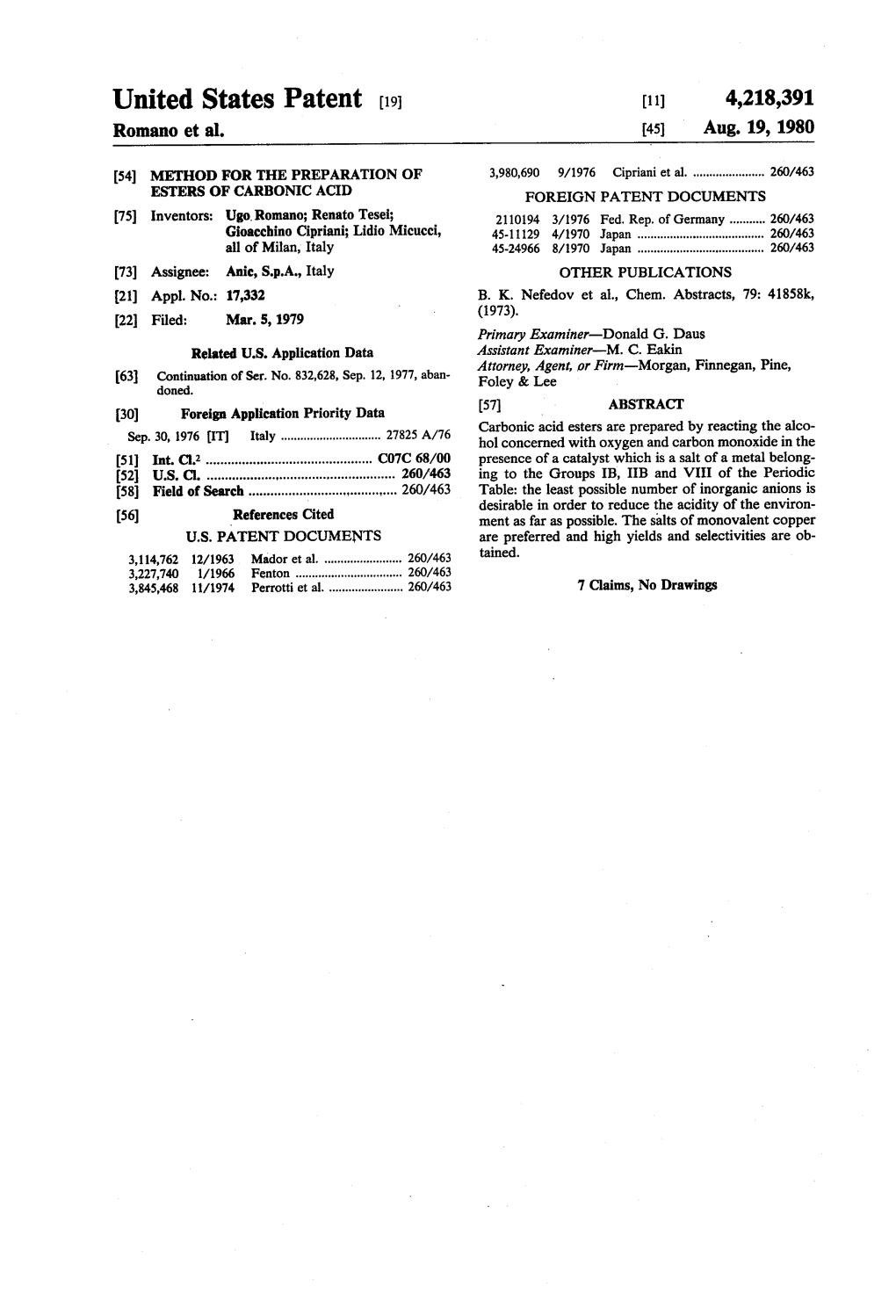 United States Patent (19) (11) 4,218,391 Romano Et Al