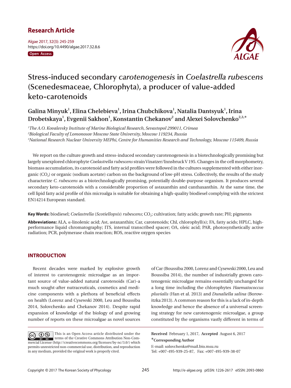 Stress-Induced Secondary Carotenogenesis in Coelastrella Rubescens (Scenedesmaceae, Chlorophyta), a Producer of Value-Added Keto-Carotenoids