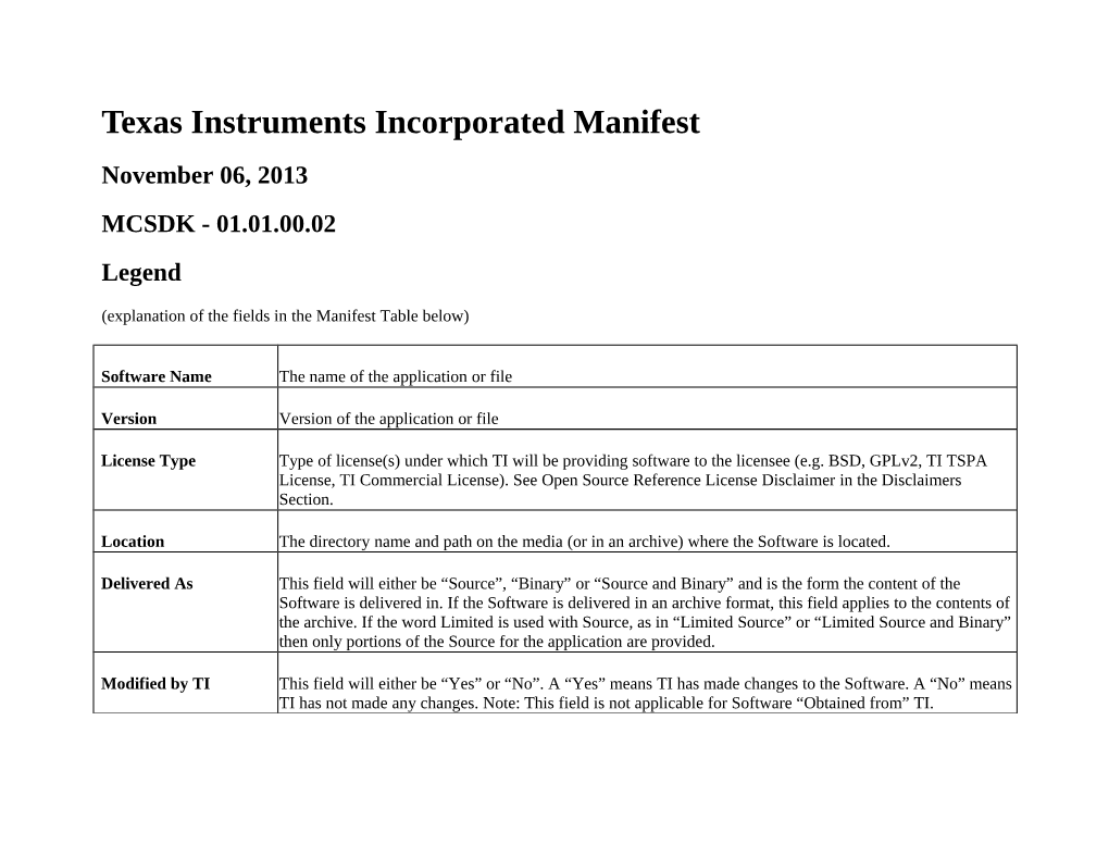 Texas Instruments Incorporated Manifest November 06, 2013 MCSDK - 01.01.00.02 Legend