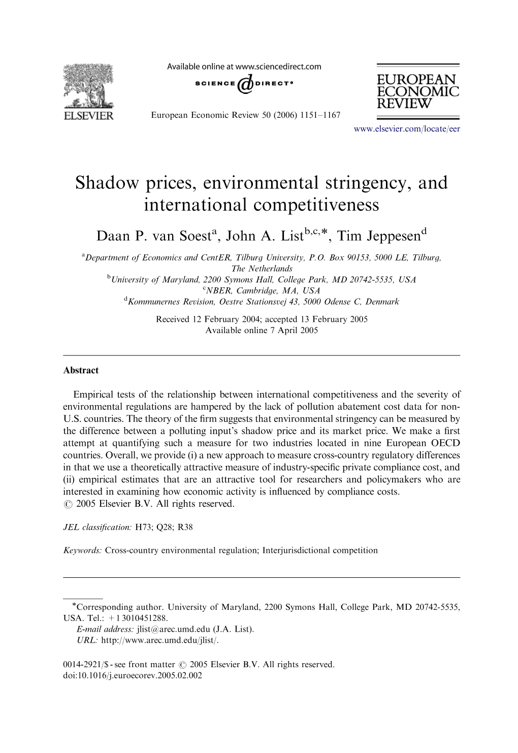 Shadow Prices, Environmental Stringency, and International Competitiveness