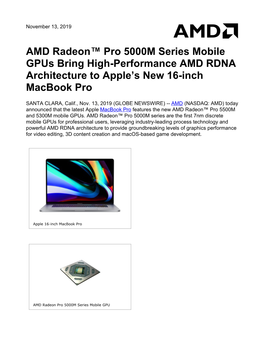 AMD Radeon™ Pro 5000M Series Mobile Gpus Bring High-Performance AMD RDNA Architecture to Apple’S New 16-Inch Macbook Pro