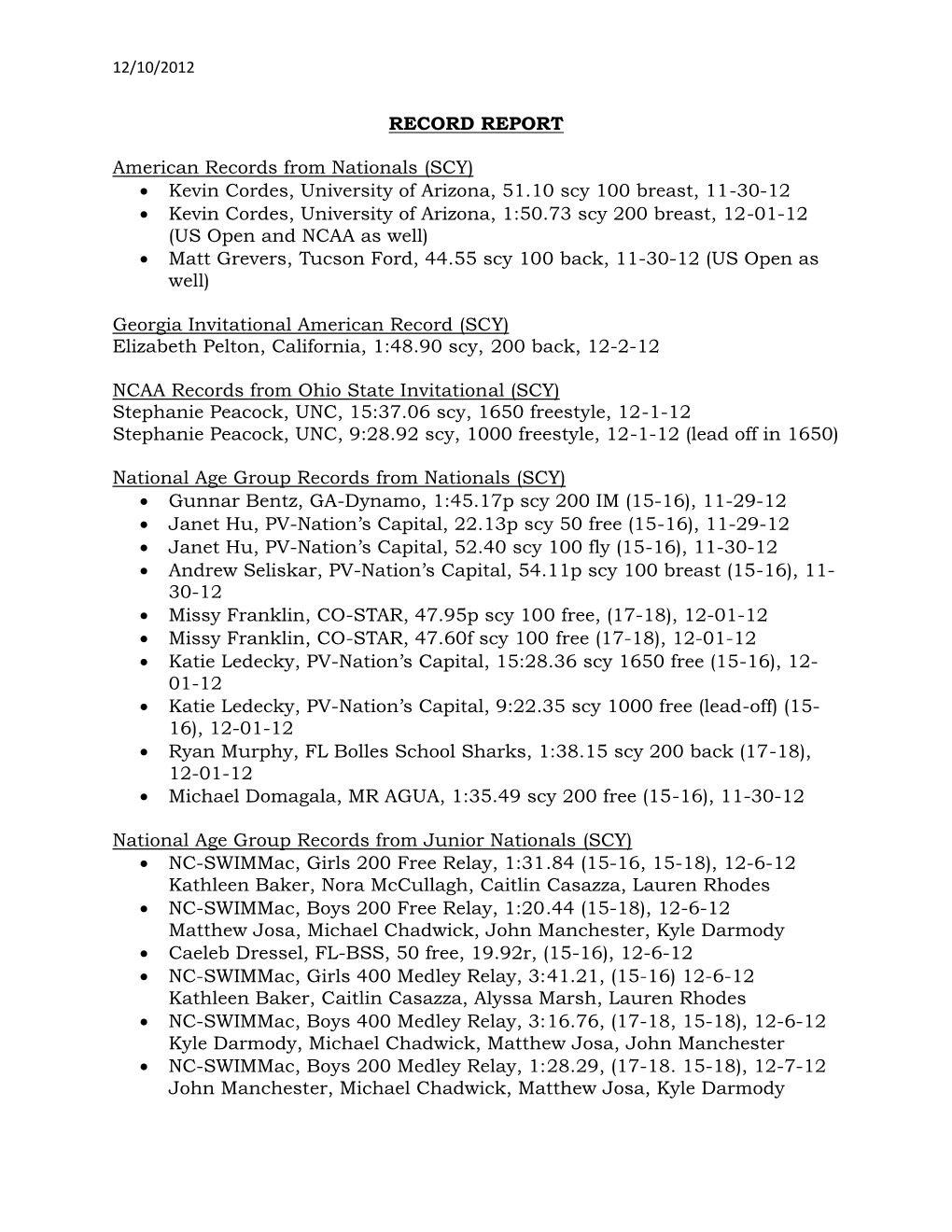 National Swimming Record Report