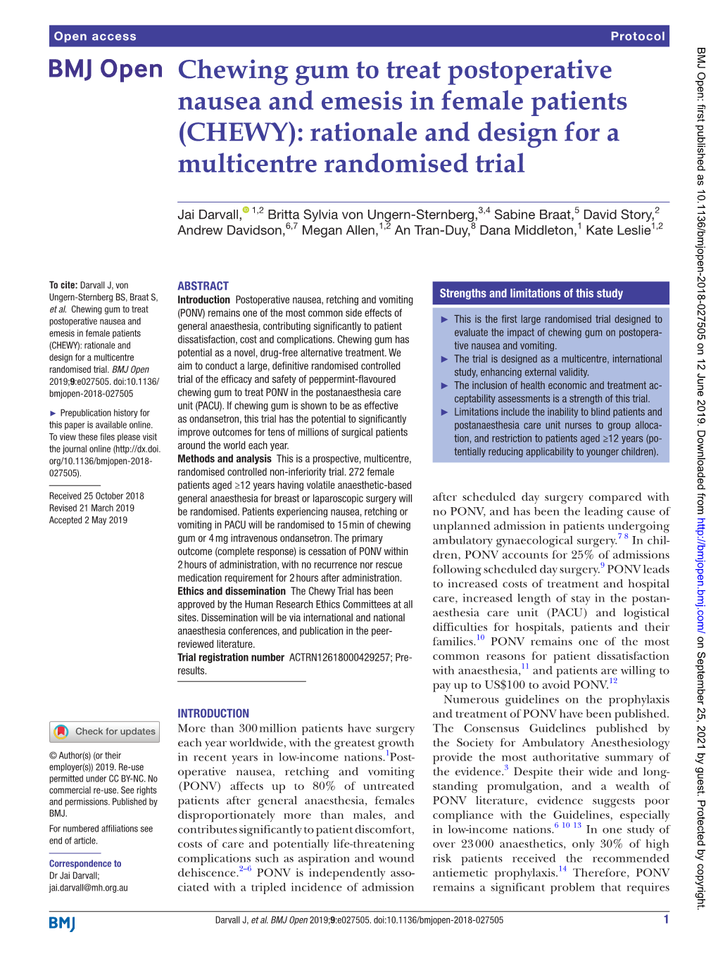 Chewing Gum to Treat Postoperative Nausea and Emesis in Female Patients (CHEWY): Rationale and Design for a Multicentre Randomised Trial