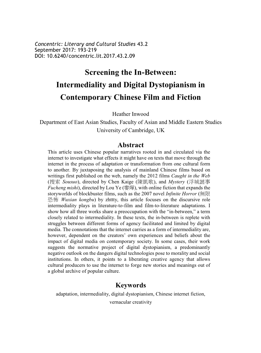Intermediality and Digital Dystopianism in Contemporary Chinese Film and Fiction