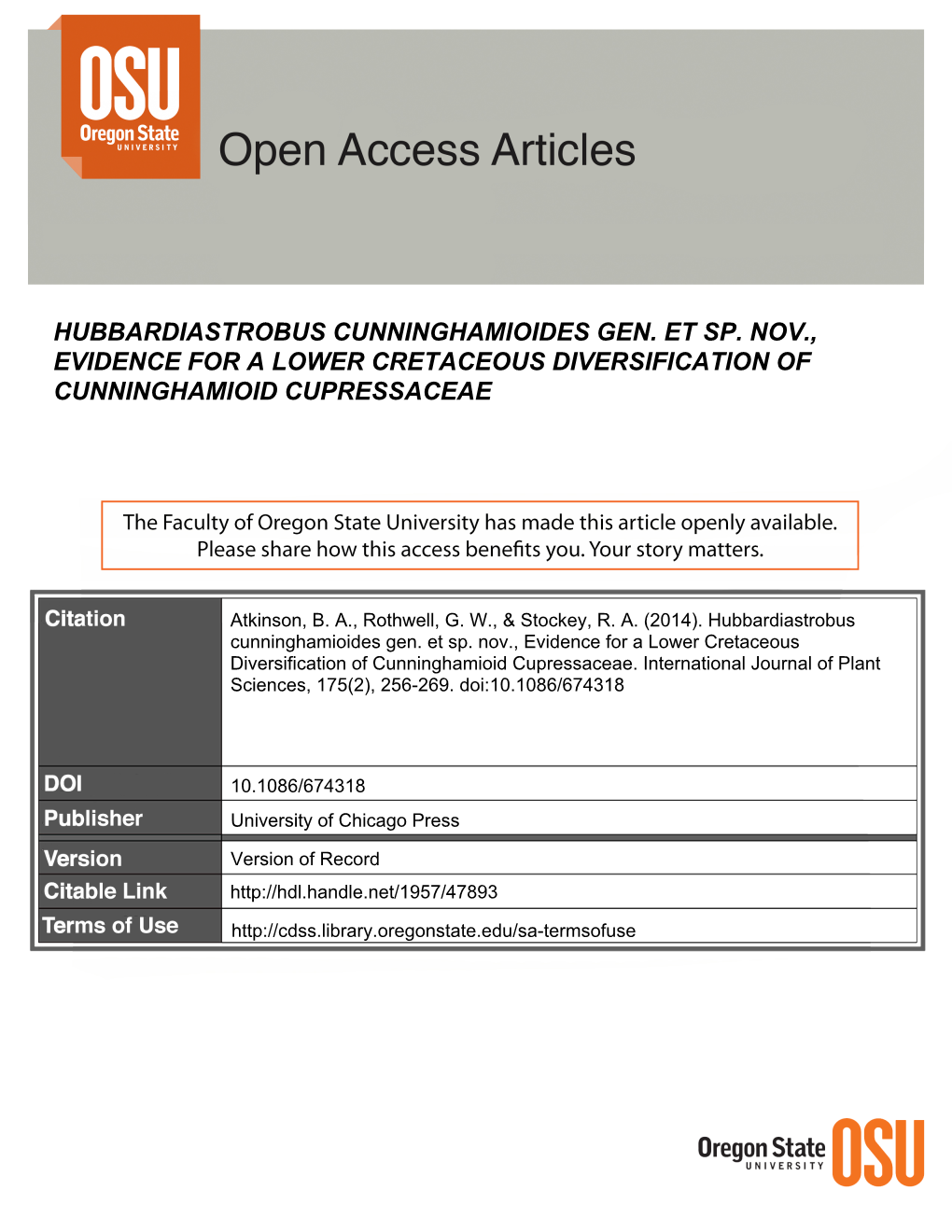 Hubbardiastrobus Cunninghamioides Gen. Et Sp. Nov., Evidence for a Lower Cretaceous Diversification of Cunninghamioid Cupressaceae