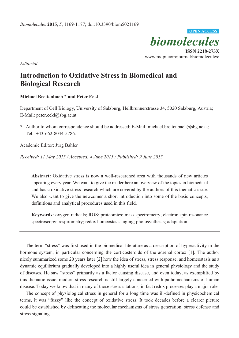 Introduction to Oxidative Stress in Biomedical and Biological Research