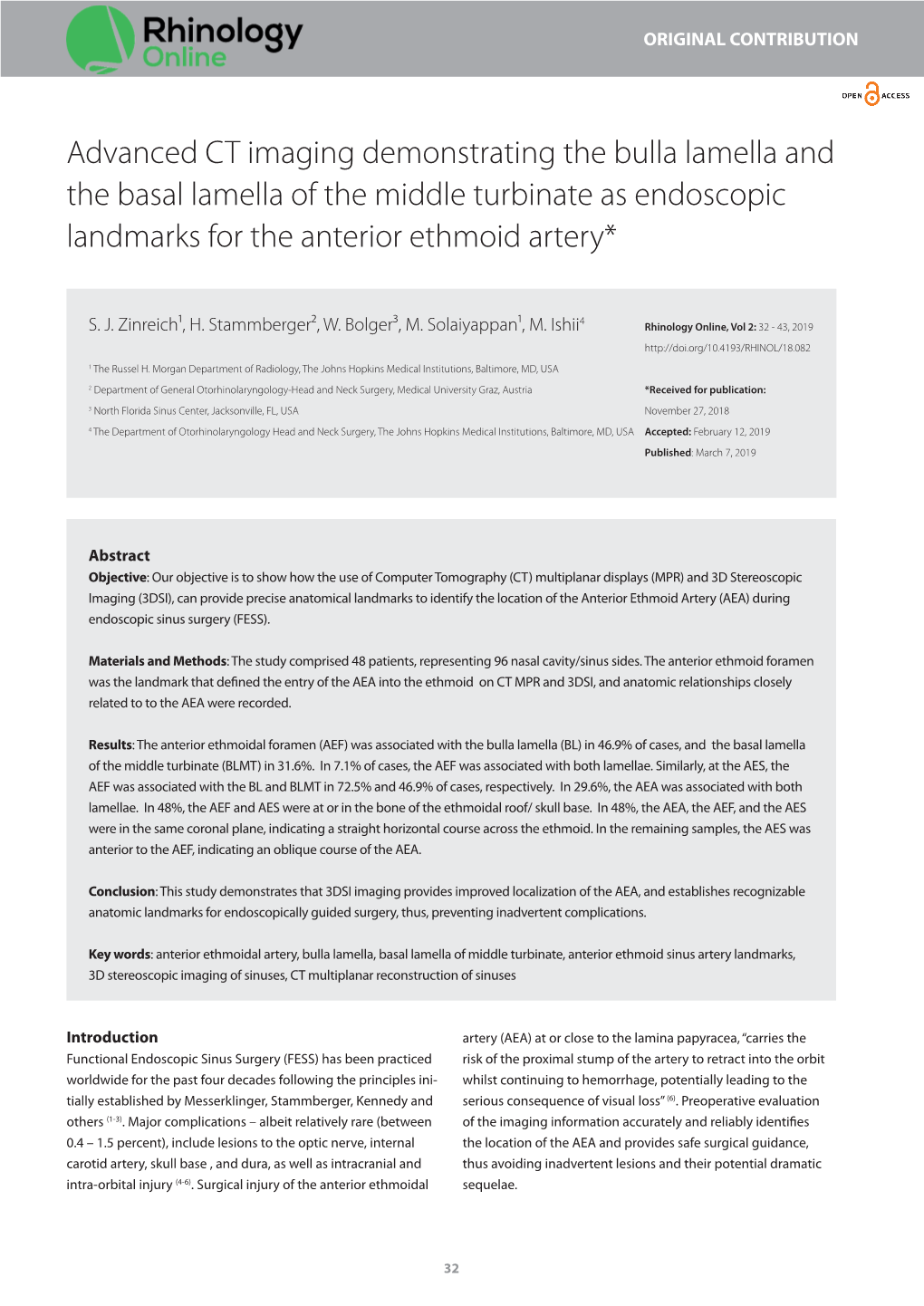 Advanced CT Imaging Demonstrating the Bulla Lamella and the Basal Lamella of the Middle Turbinate As Endoscopic Landmarks for the Anterior Ethmoid Artery*