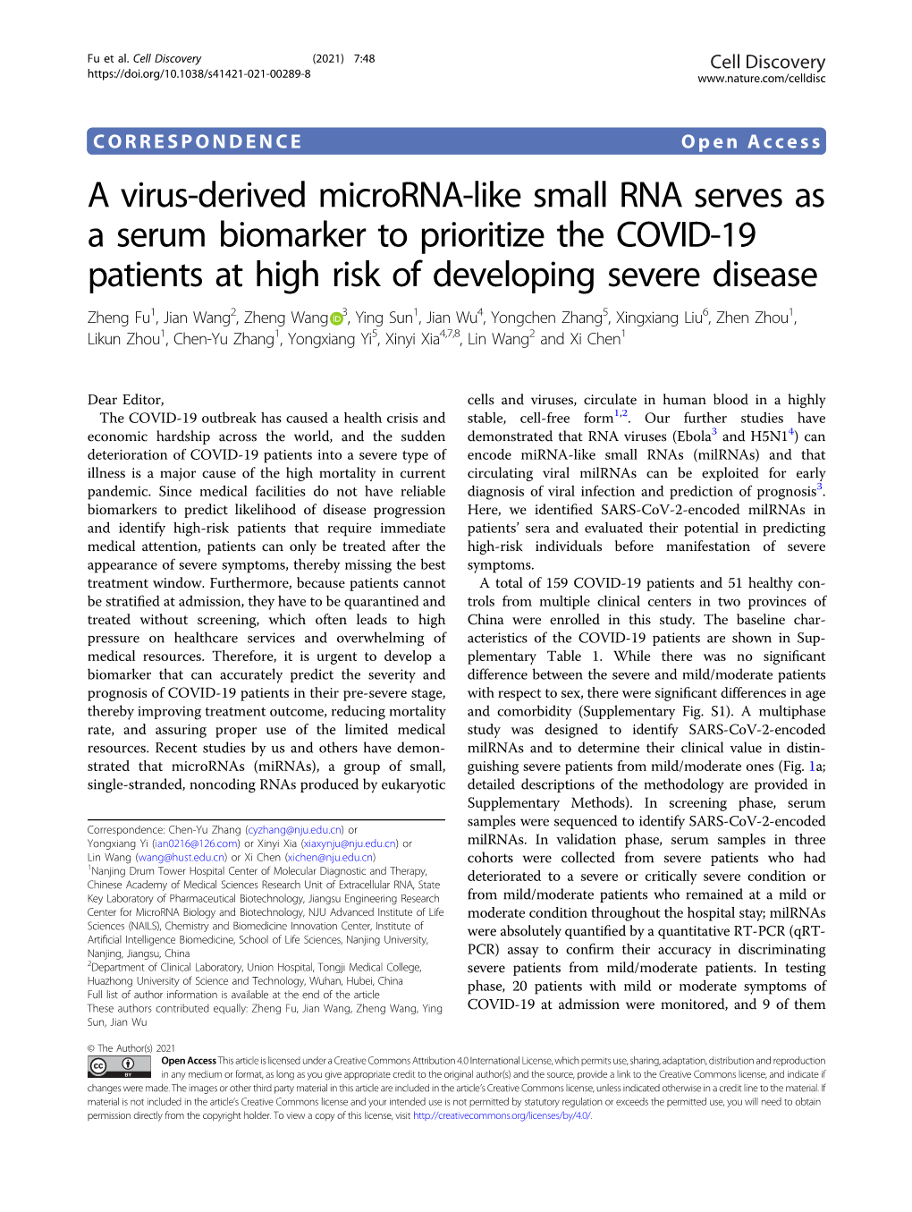 A Virus-Derived Microrna-Like Small RNA Serves As a Serum Biomarker to Prioritize the COVID-19 Patients at High Risk of Developi
