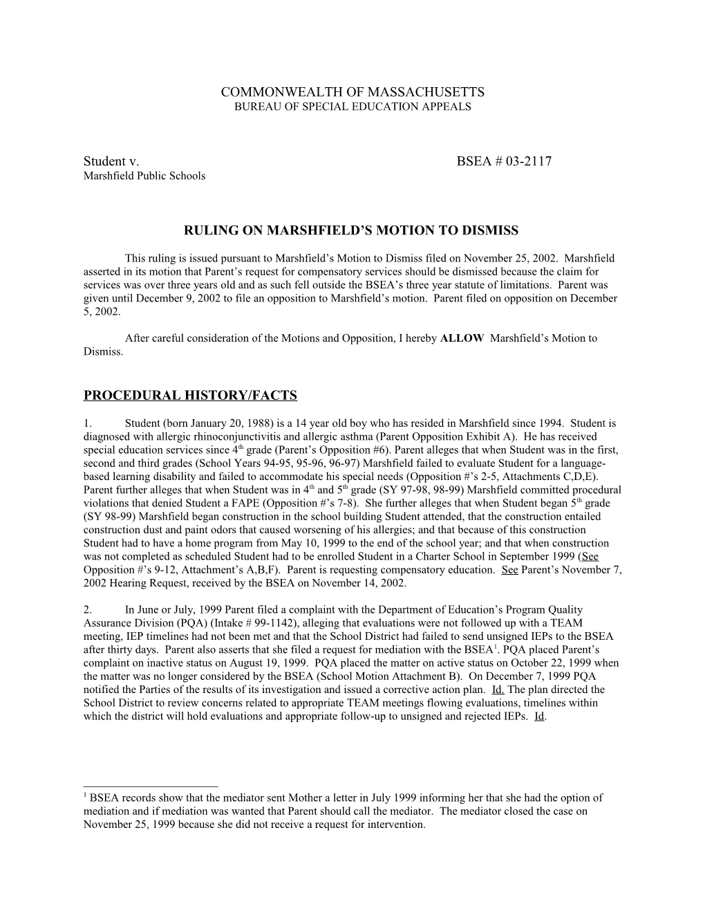 Special Education Appeals BSEA #03-2117