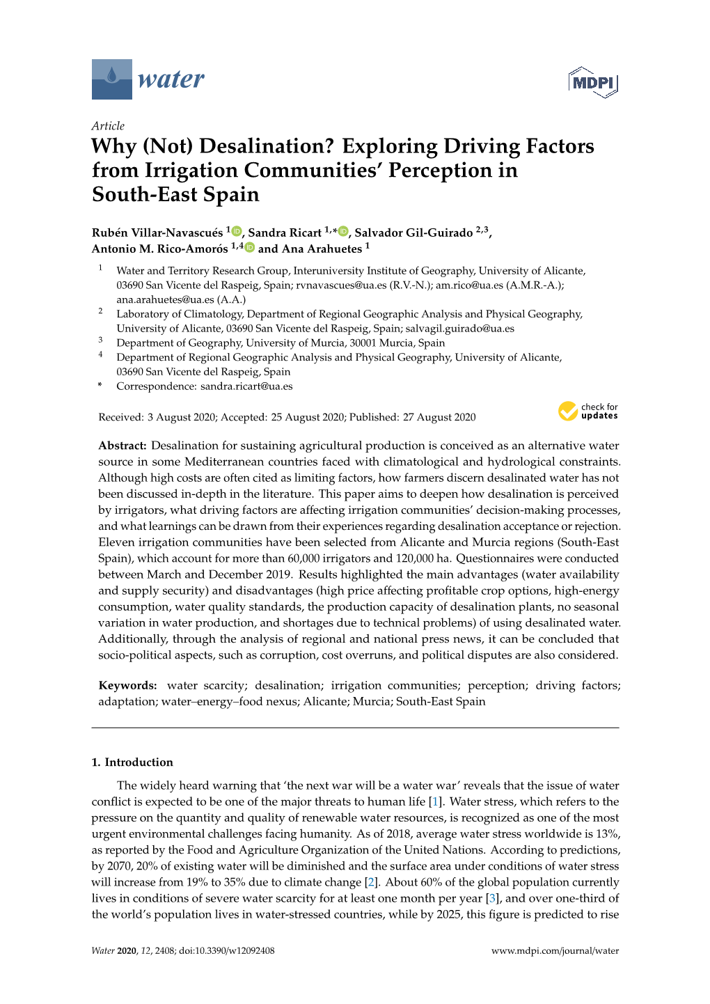 Desalination? Exploring Driving Factors from Irrigation Communities’ Perception in South-East Spain