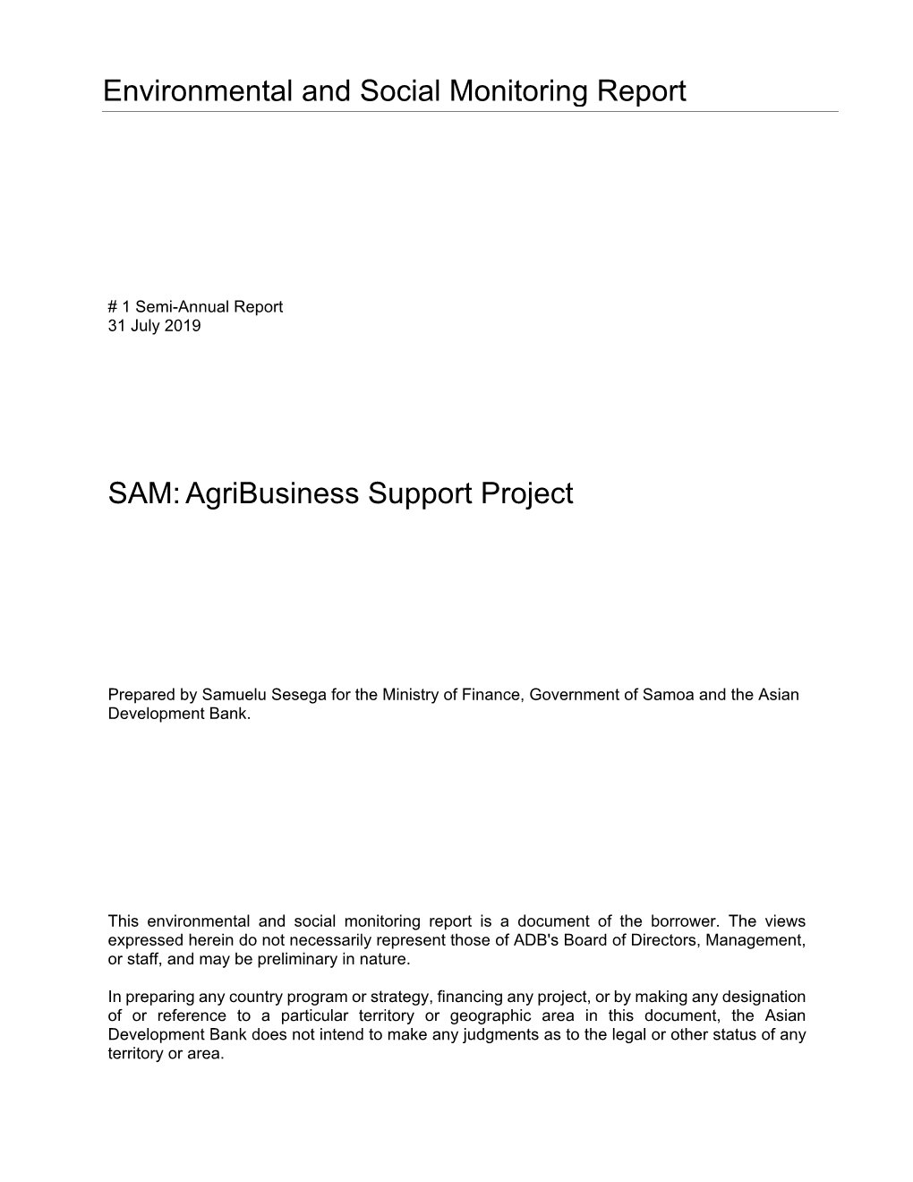Samoa Agribusiness Support Project: Environmental and Social Monitoring Report