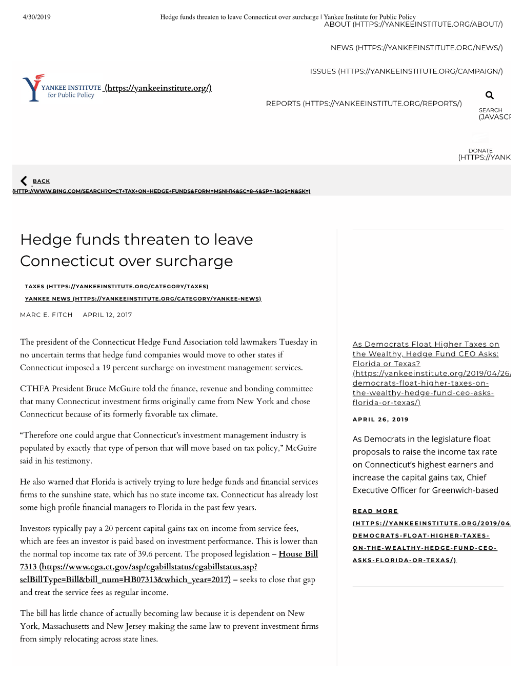 Hedge Funds Threaten to Leave Connectic...E | Yankee Institute For