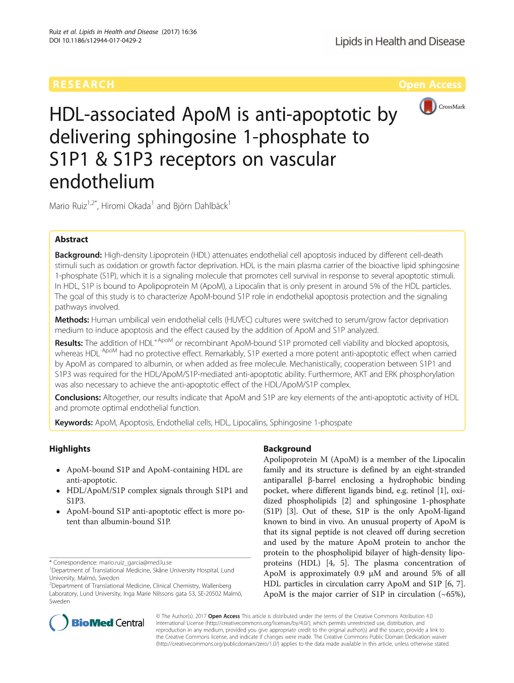 HDL-Associated Apom Is Anti-Apoptotic by Delivering