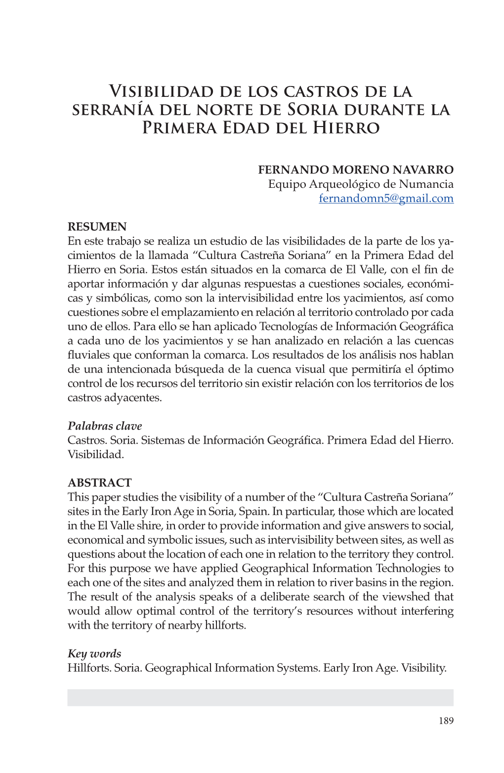 Visibilidad De Los Castros De La Serranía Del Norte De Soria Durante La Primera Edad Del Hierro